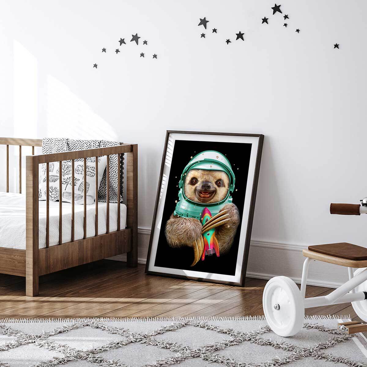 Affiche enfant spacesloth  Affiche + cadre en bois - Noir