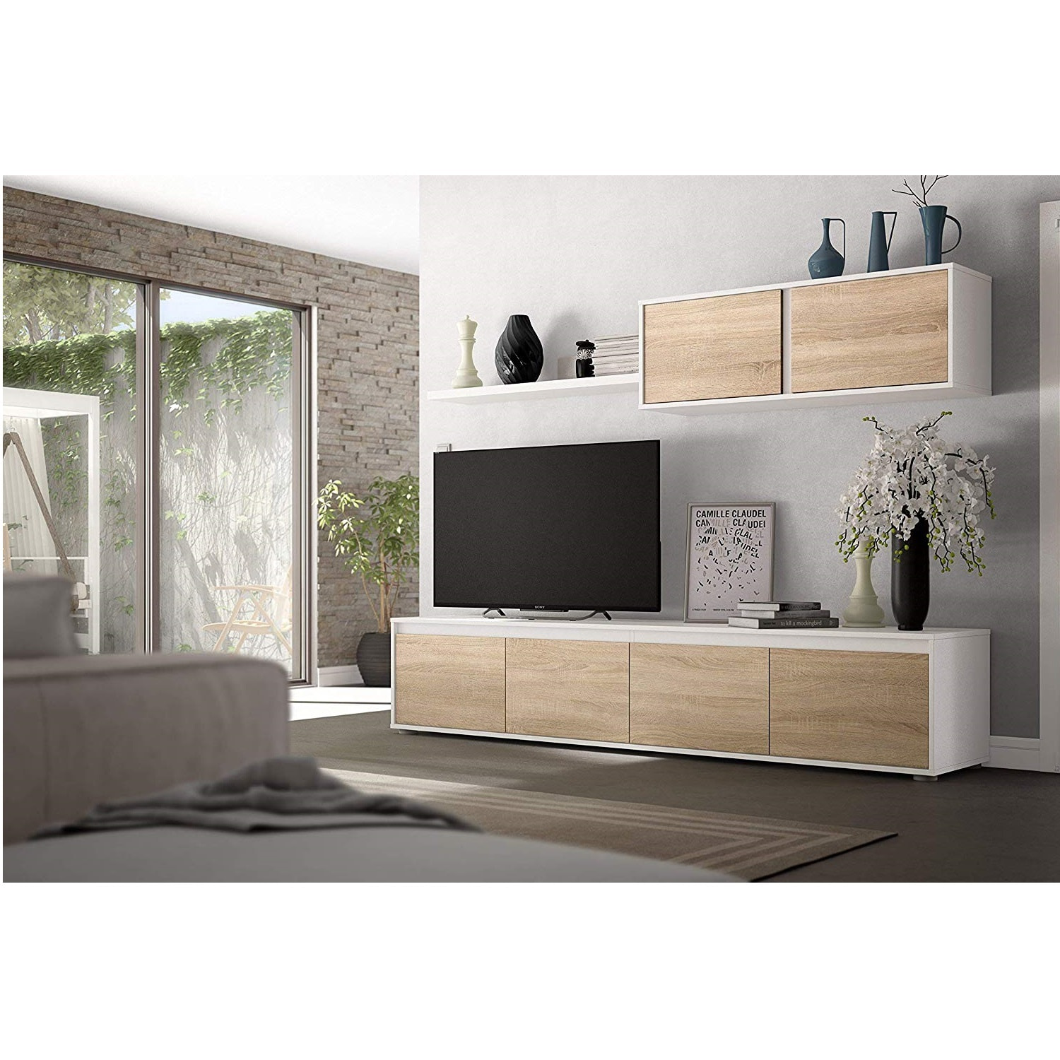 Parete Attrezzata Da Soggiorno Mobile TV 4 ante Pensile Con Pistoni A Gas E Mensola Sospesa Design Moderno Salvaspazio 200 Cm Bianco Lucido E Rovere