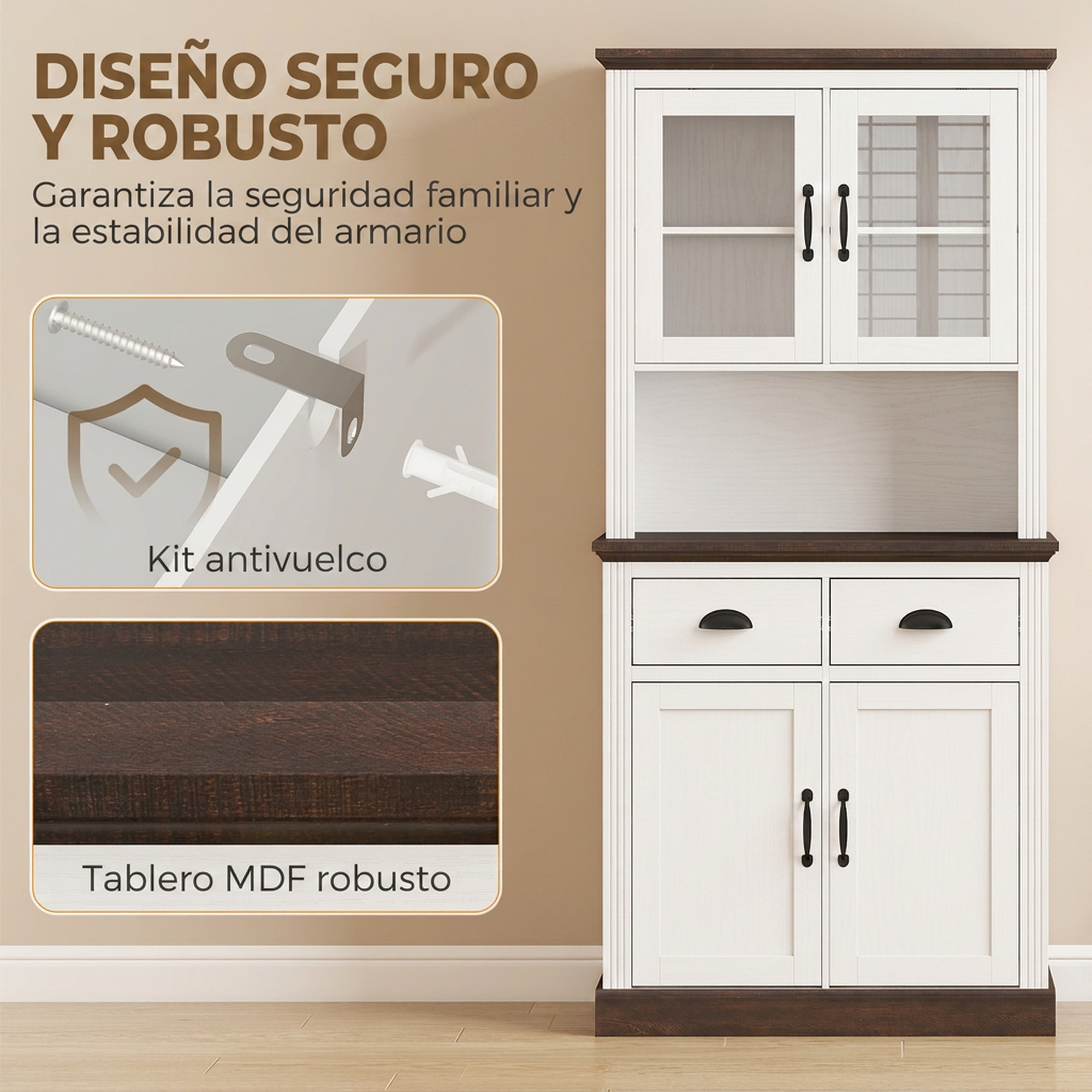 Alacena de Cocina Alta, Mueble Auxiliar de Cocina con Puertas de Cristal, 2 Cajones, Estantes Ajustables, Compartimento Abierto, para Comedor, Salón, 80x38x170 cm, Blanco y Marrón