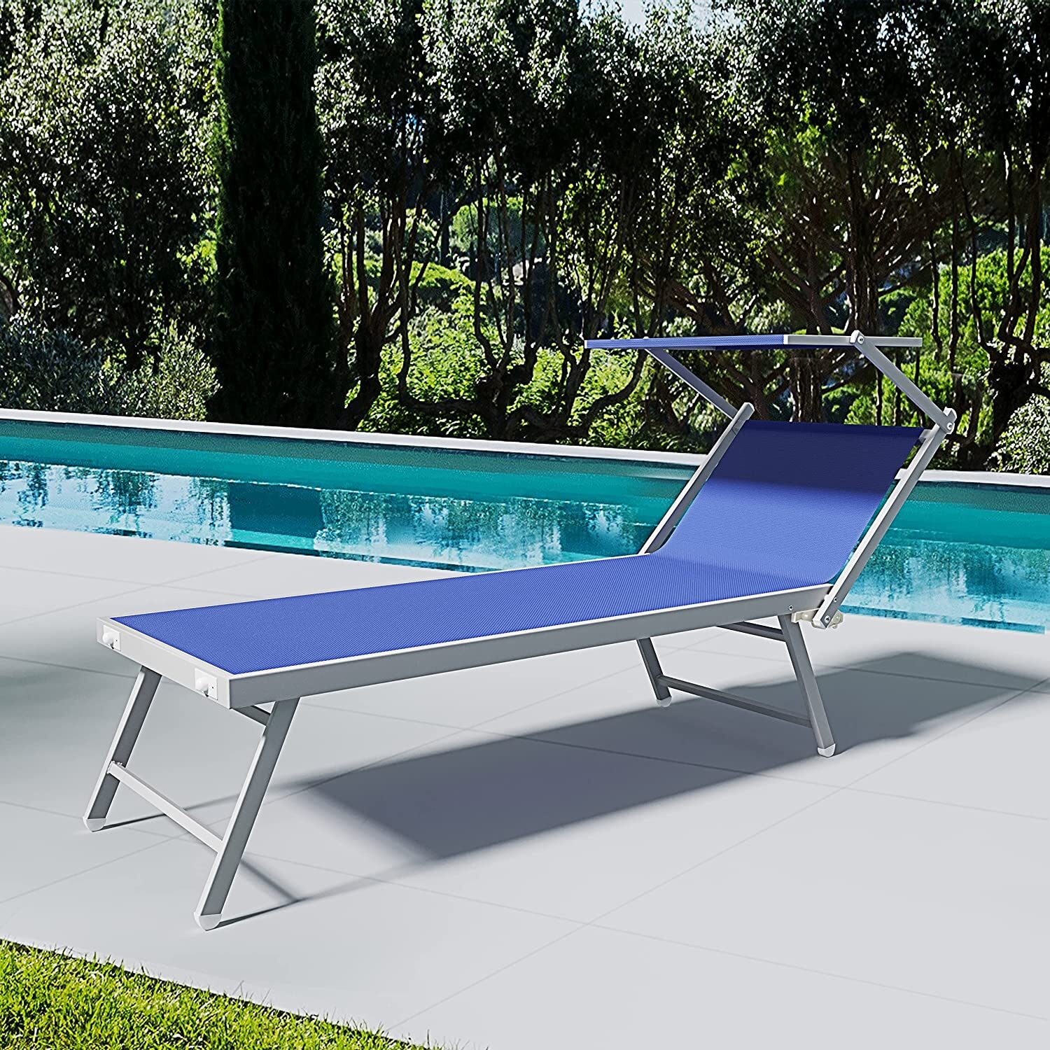 Coppia Di Lettini Prendisole Pieghevole Professionale Alluminio Tessuto Textilene Tettuccio Orientabile Parasole Sdraio Mare Spiaggia 182x60x38 cm Blu