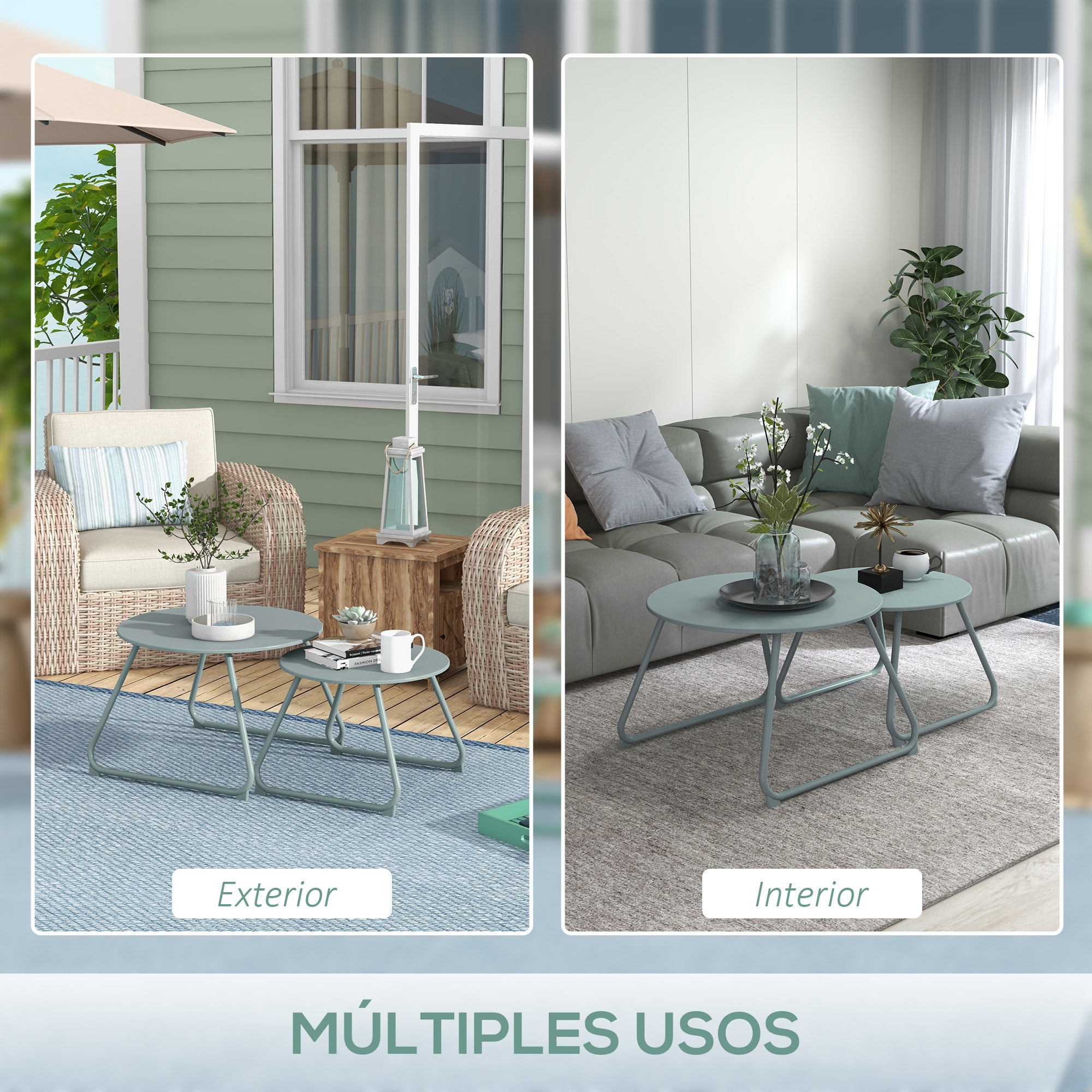 Juego de 2 Mesas de Jardín Apilables Mesas Auxiliares de Jardín Redondas con Estructura de Metal y Recubrimiento Epoxi Anticorrosivo para Balcón Terraza Patio Azul