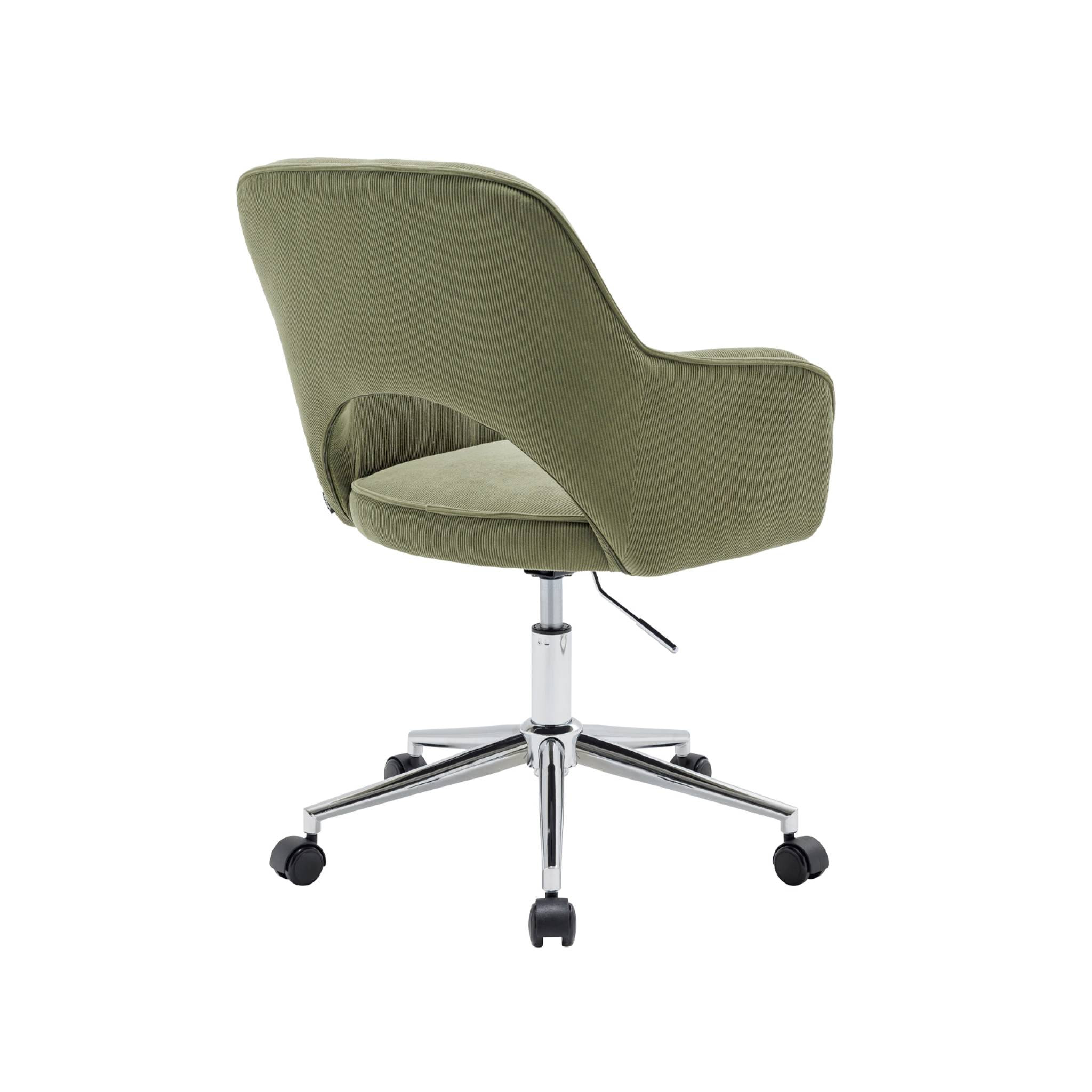 Chaise de bureau à roulettes velours côtelé kaki piétement chromé. L 60 x P 62 x H 89 / 99cm