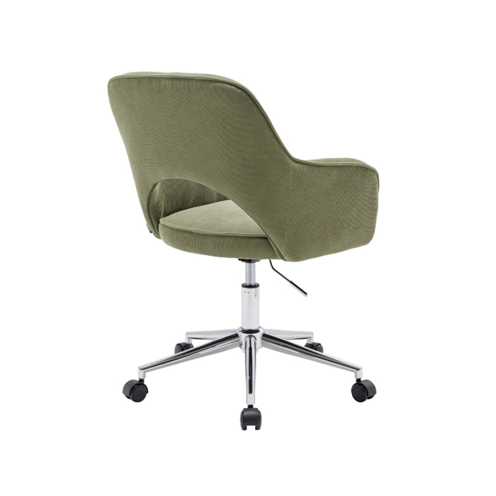 Chaise de bureau à roulettes velours côtelé kaki piétement chromé. L 60 x P 62 x H 89 / 99cm
