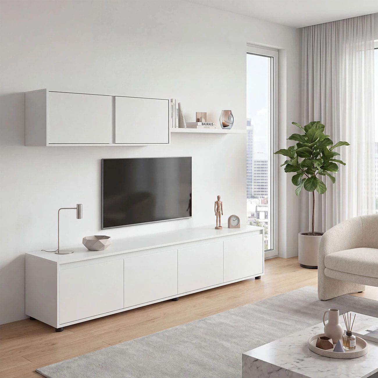 Salón con mueble de TV y estantería en blanco artik 200 cm Arlet Blanco Artik (Blanco Mate)