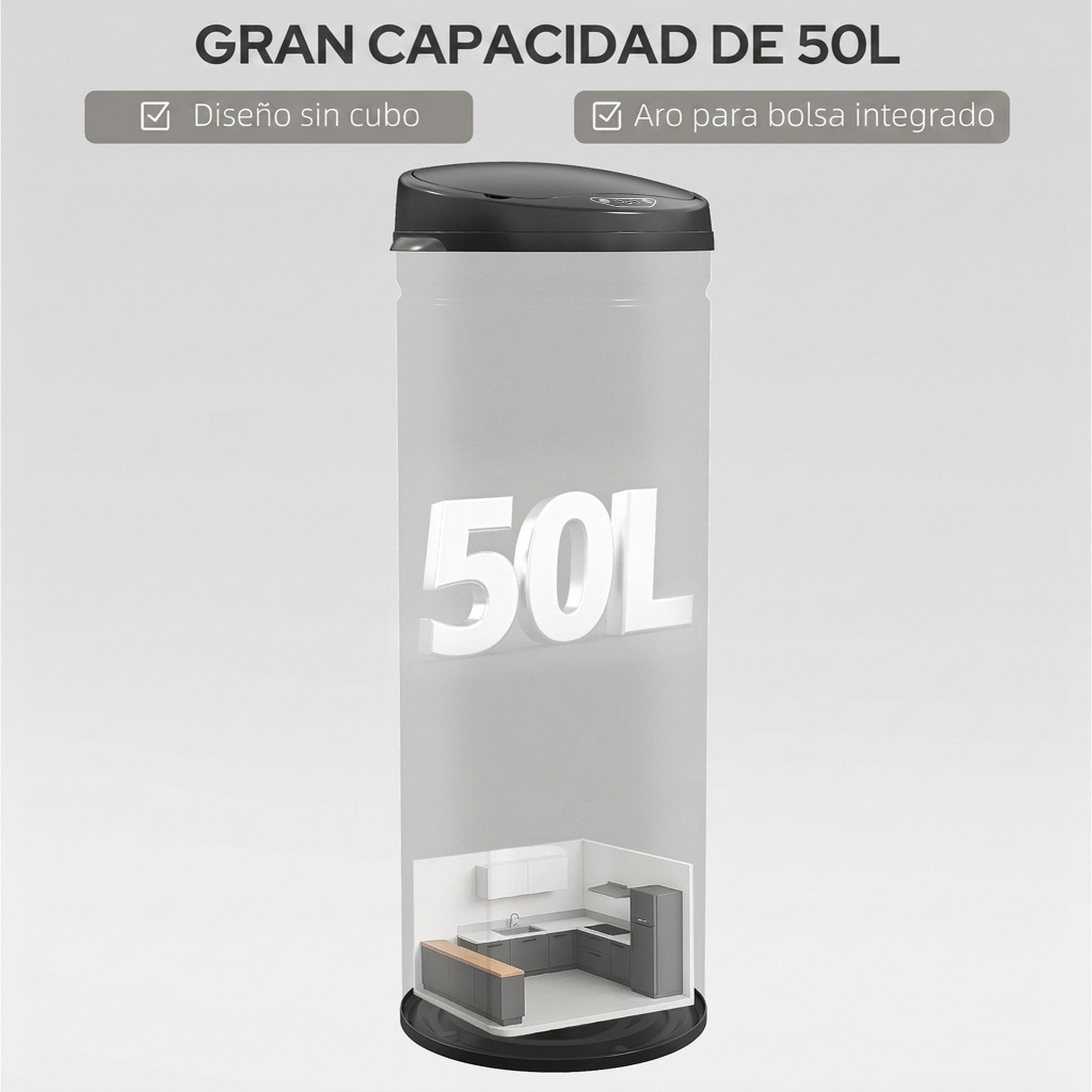 HOMCOM Cubo de Basura Cocina Automático 50 L, Papelera de Cocina de Acero Inoxidable, Sensor Infrarrojo, Cierre Automático, Antihuellas, para Dormitorio, Oficina, Negro
