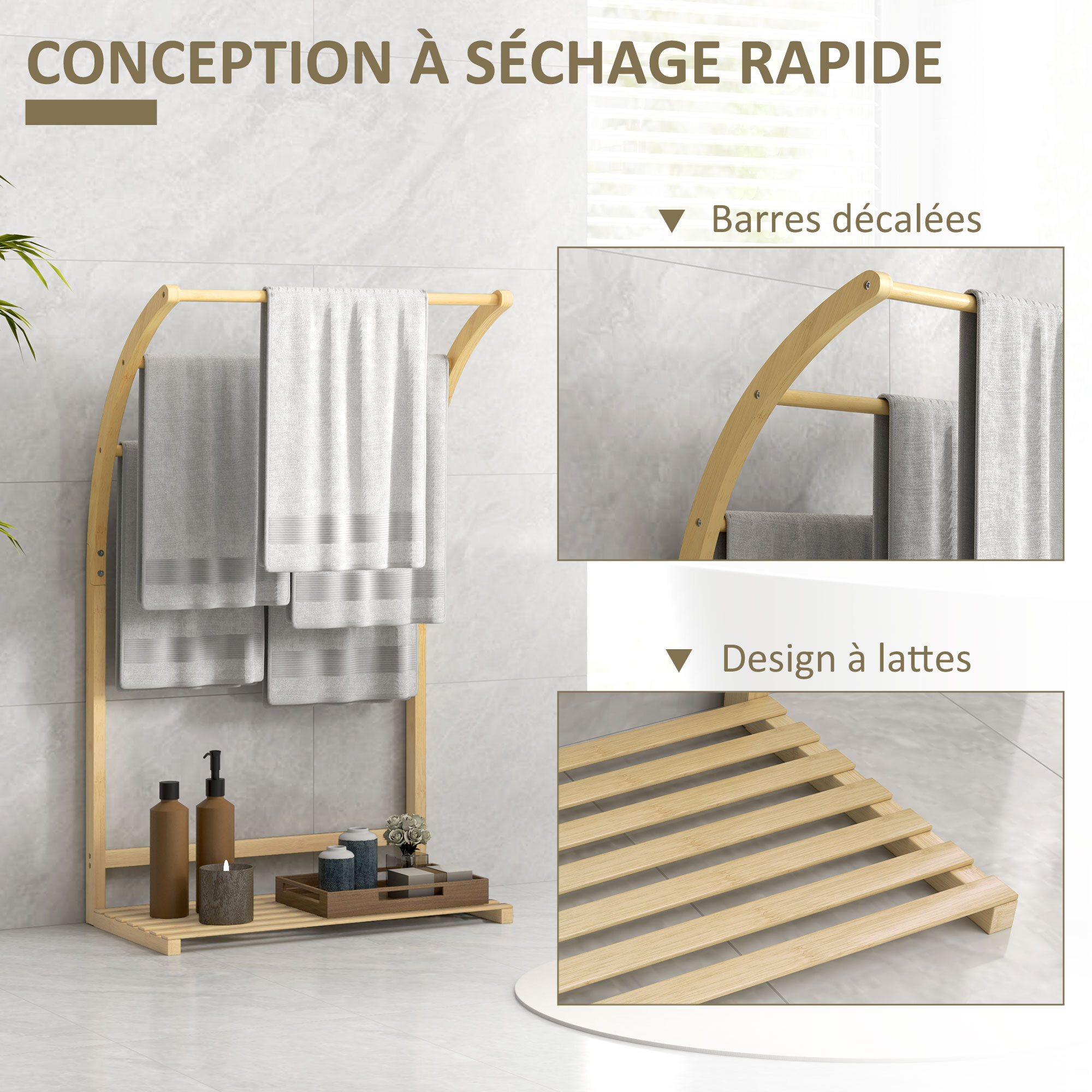 Porte-serviettes style cosy bambou verni 3 barres étagère sol H.84 cm