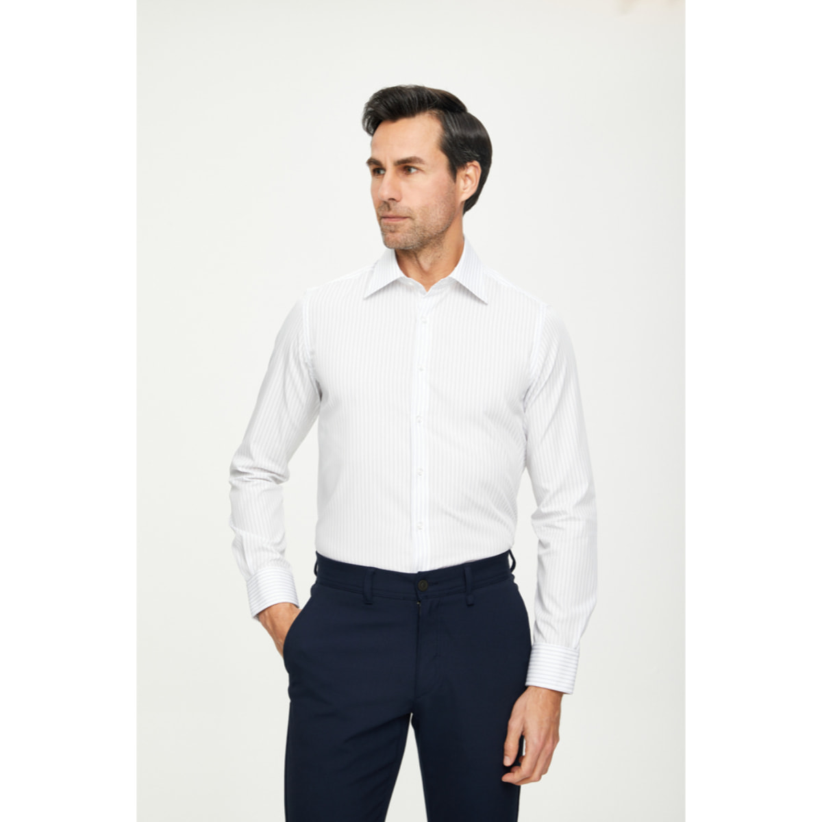 Camicia Uomo 1 Bottone Italiano Slim Cotone Riga Media Grigio/Bianco