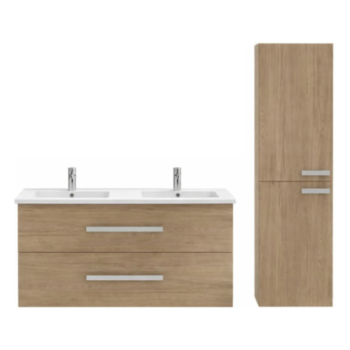 Meuble double vasque 120 cm Ola up + colonne de salle de bain chêne