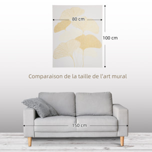 Tableau imprimé et peint feuilles ginkgo biloba - dim. 100L x 80l cm - décoration murale - toile 100% polyester structure bois de pin encre dorée blanc