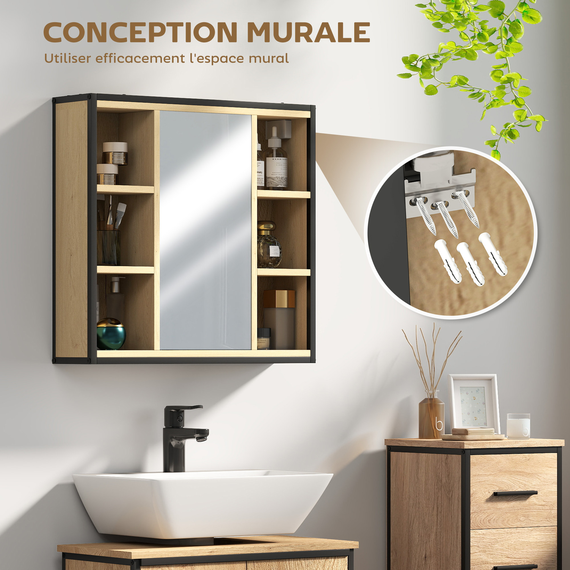 Armoire miroir murale salle de bain - 6 niches, porte, étagère - acier noir effet bois
