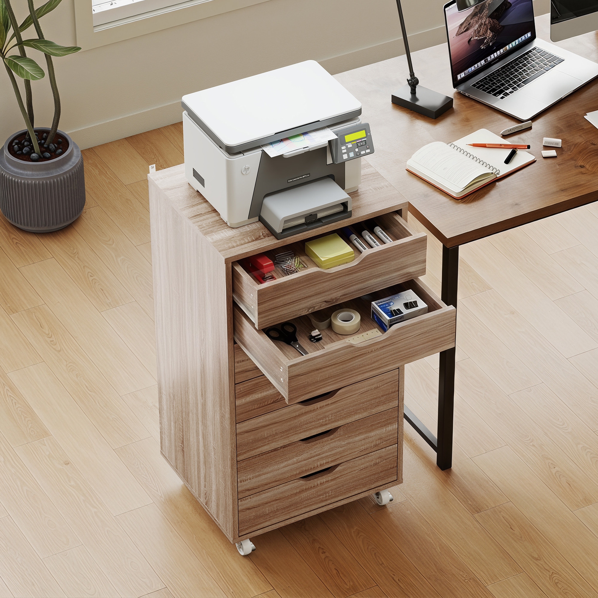Caisson bureau - rangement bureau 7 tiroirs - dim. 47,5L x 39,5l x 90H cm - effet bois clair