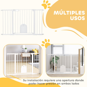 Barrera de Seguridad para Perros Extensible 75-131 cm, para Puertas y Escaleras, Barrera para Perros con Puerta Pequeña, 3 Extensiones, Montaje a Presión y Doble Bloqueo, Blanco