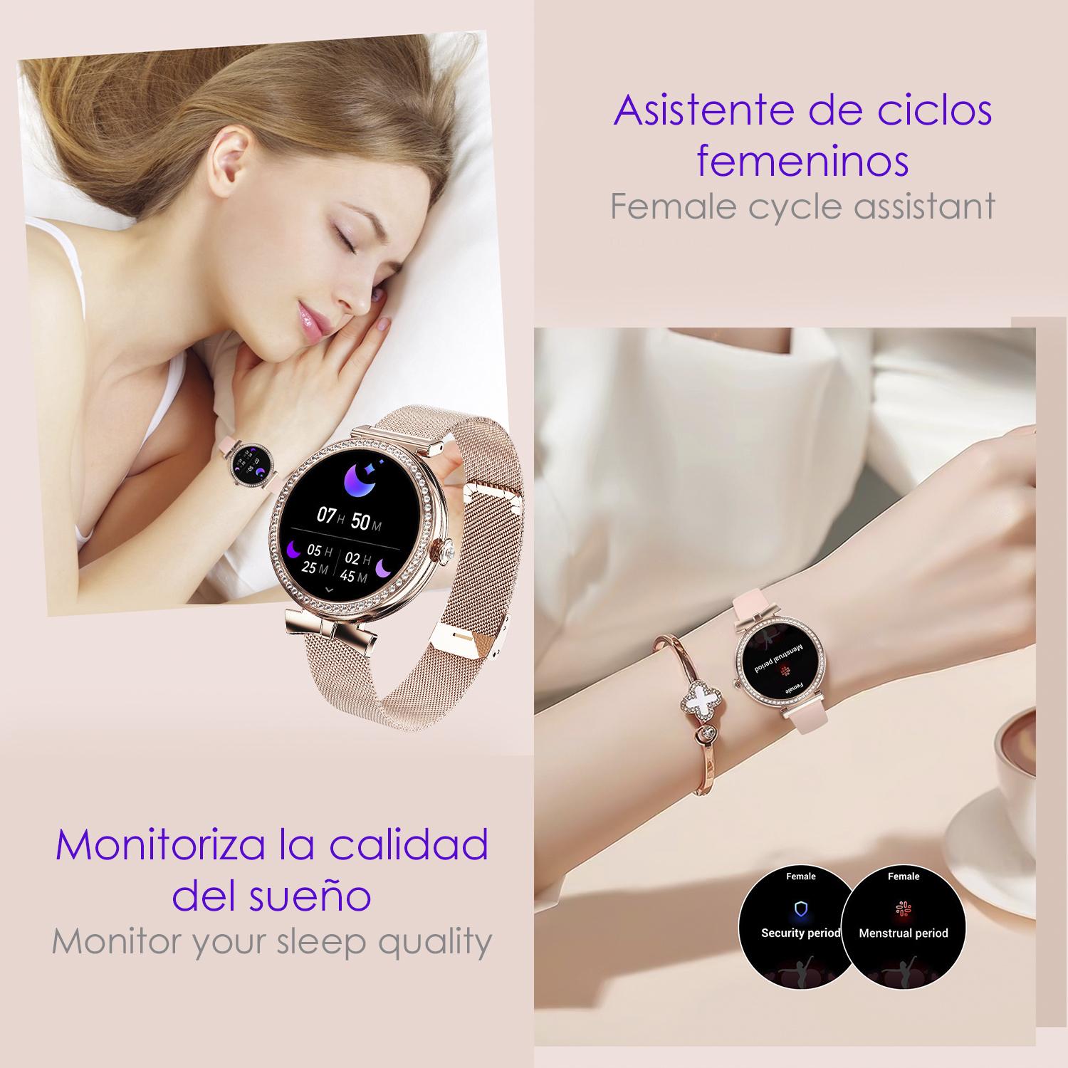 DAM Smartwatch QS01 compacto y elegante. Llamadas BT, notificaciones push. Monitor de salud, ciclos femeninos. Modos deportivos. 4,8x1,2x4,3 Cm. Color: Negro