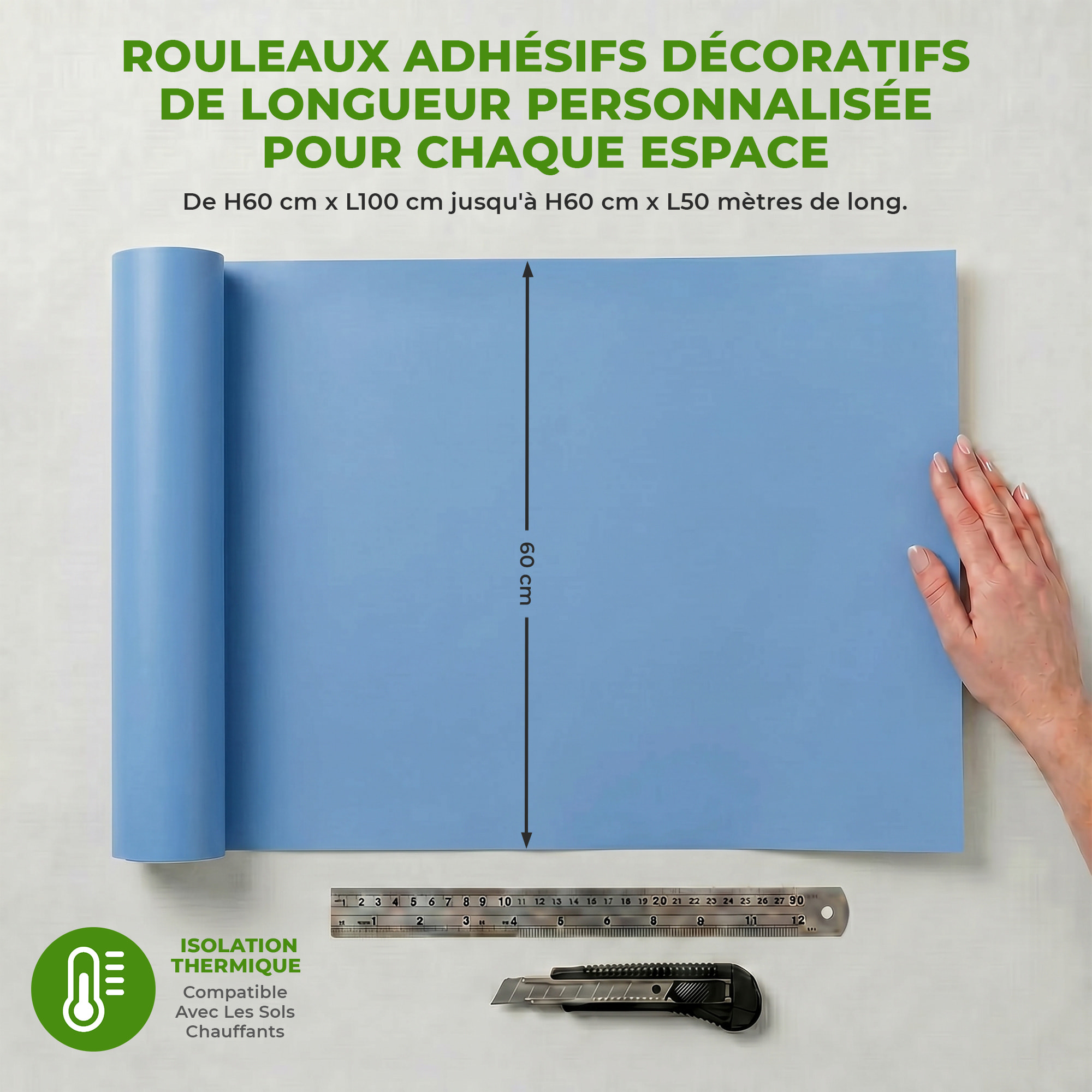Rouleau adhésif décoratif Vinyle au Mètre - Bleu glace - Sticker Lavable Imperméable Mur Cuisine Meubles