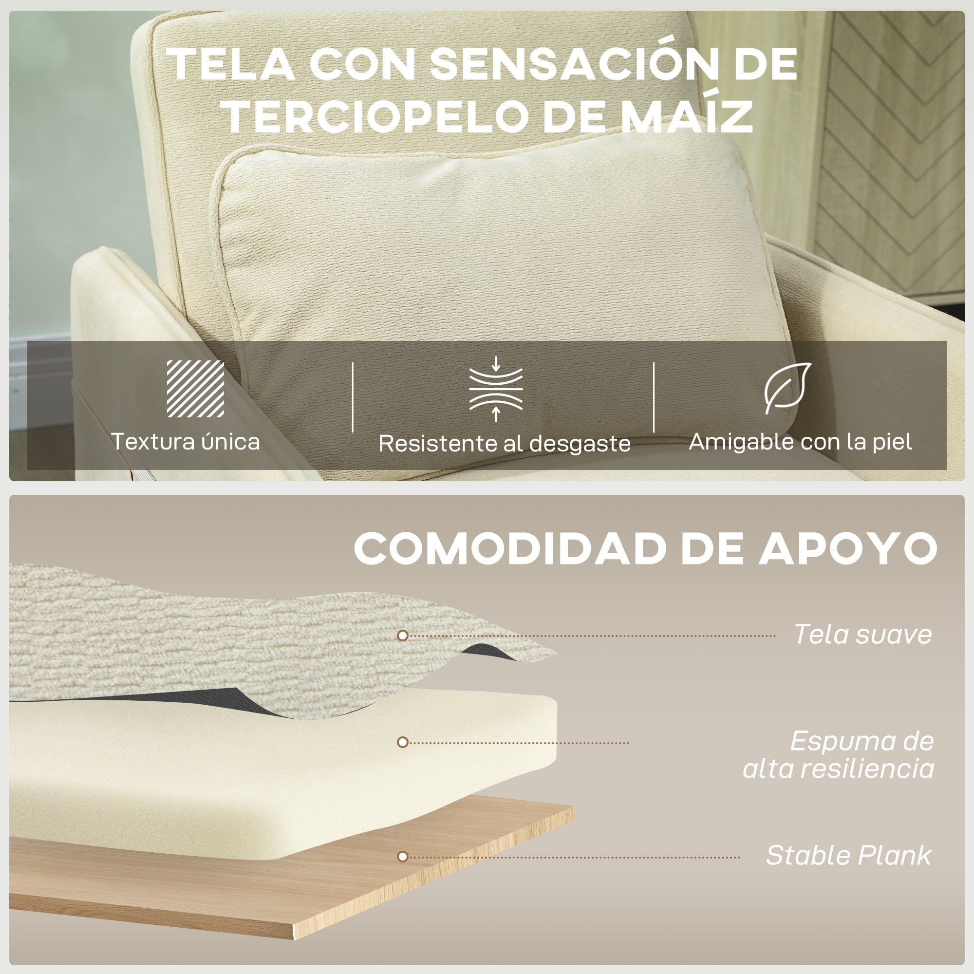 Sofá Cama de 1 Plaza 3 en 1, Sofá Cama Plegable Tapizado en Terciopelo Ecológico con Respaldo Ajustable 3 Niveles, 6 Bolsillos Laterales y Almohada, para Dormitorio, Salón, 74x85,5x82 cm, Beige