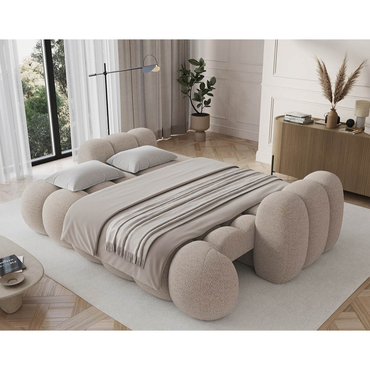 Dorian - Canapé droit 3 places convertible avec coffre en tissu bouclette - Beige