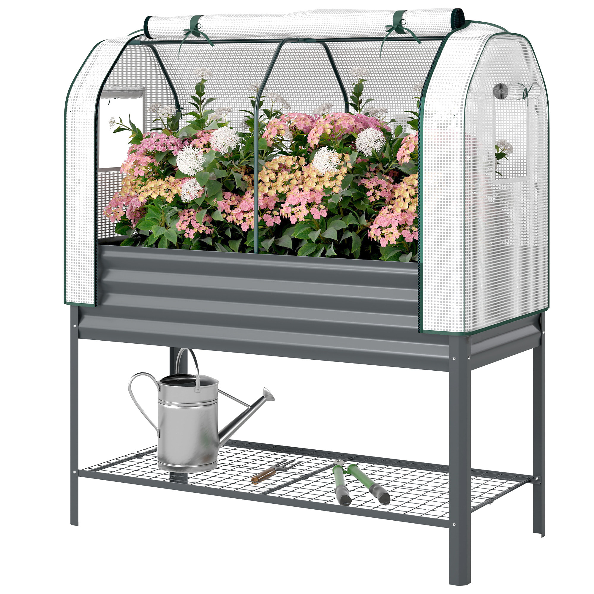 Jardinière Surélevée - Serre en PE Inclus - Doublure et Étagère Inférieure - Métal - 120x55x140cm - Gris Foncé