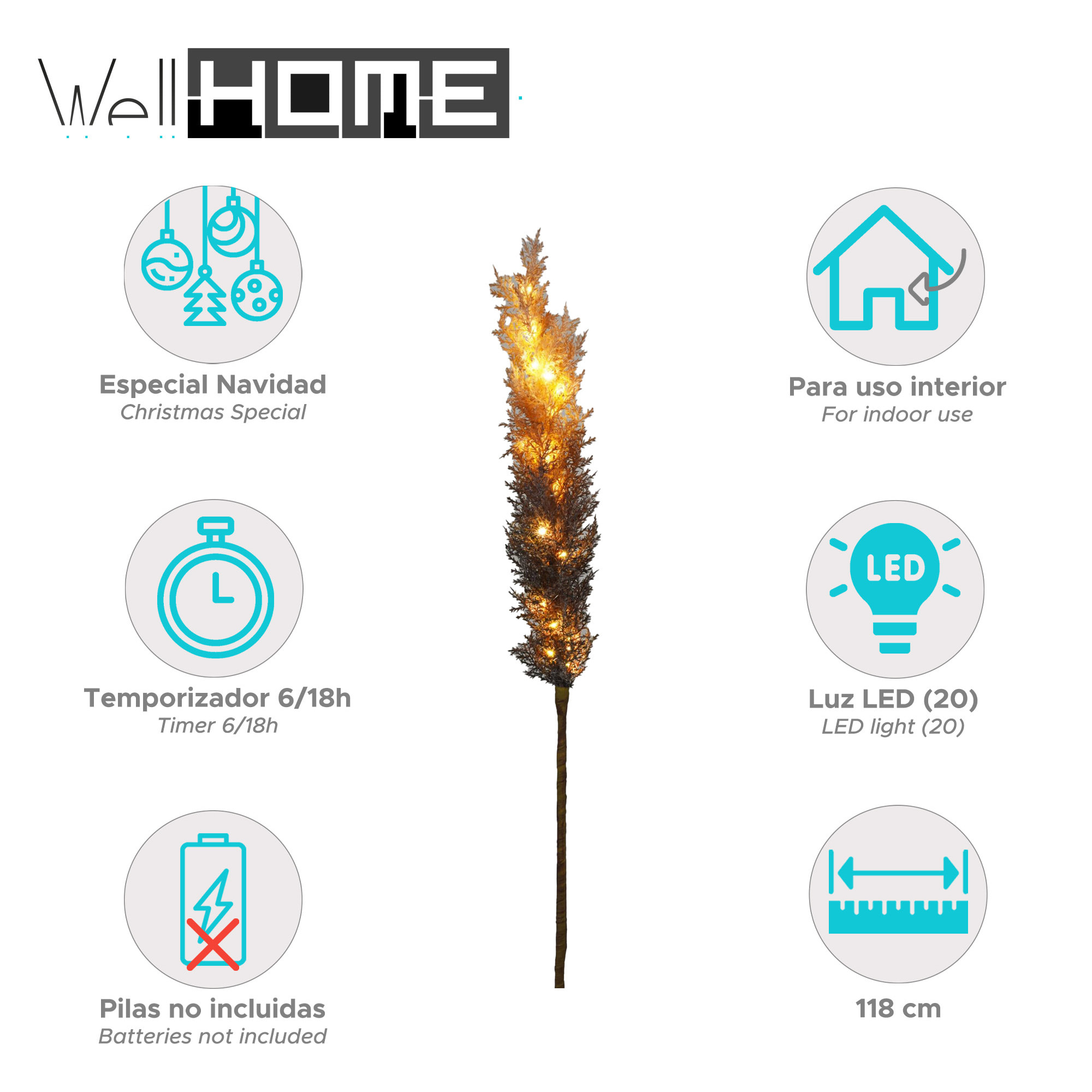 rama de plumas con luces led en blanco cálido y temporizador h.118cm