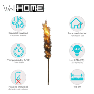 rama de plumas con luces led en blanco cálido y temporizador h.118cm