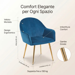 Set 2 poltrone in velluto con gambe oro, sedie imbottite design elegante e moderno, struttura in legno con schienale e seduta confortevoli, rivestimento effetto velluto morbido, ideali per soggiorno camera e ufficio, stile raffinato