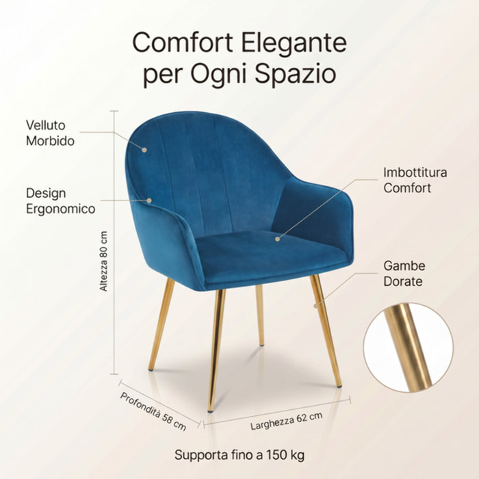 Set 2 poltrone in velluto con gambe oro, sedie imbottite design elegante e moderno, struttura in legno con schienale e seduta confortevoli, rivestimento effetto velluto morbido, ideali per soggiorno camera e ufficio, stile raffinato