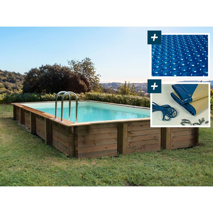 Piscine bois en kit rectangle '' Murano '' - 12.20 x 6.20 x 1.44 m - Bâche à bulles 400 µ - Bâche hiver 280 g/m²