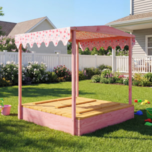 Bac à sable enfant couvercle siège pliable auvent bois rose