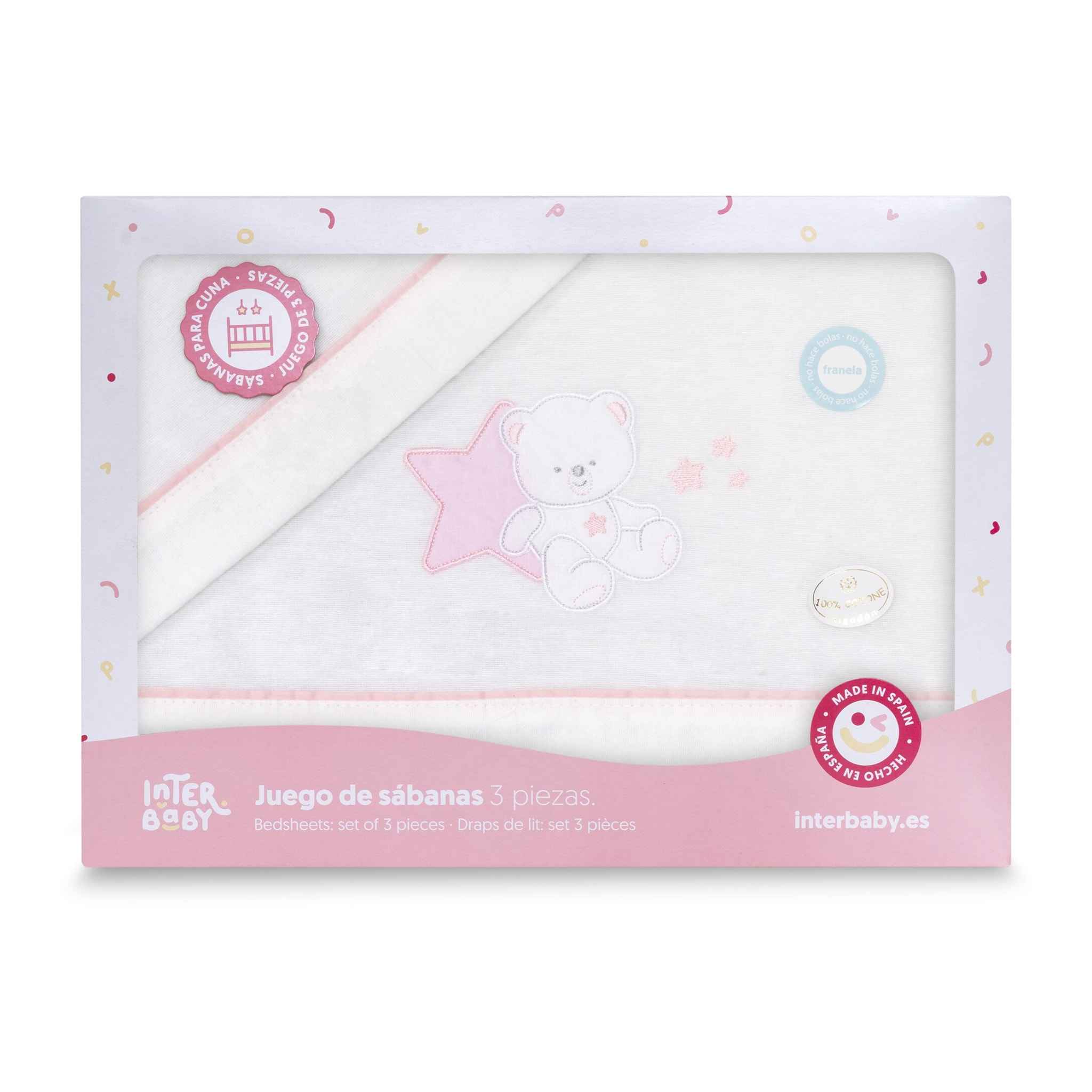 Triptico Minicuna Franela Osito Sentado Bco/Rosa