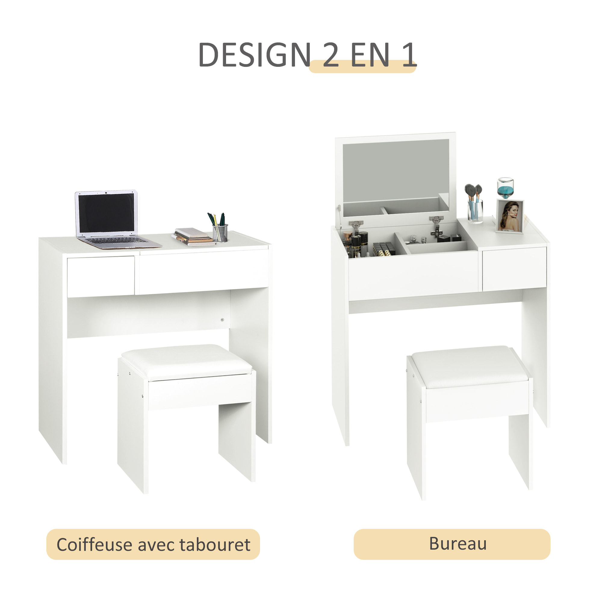 Coiffeuse table de maquillage design contemporain 80L x 40l x 79H cm miroir escamotable, tiroir, coffre + tabouret blanc