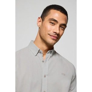 Camicia grigia in lino-cotone regular fit con logo ricamato