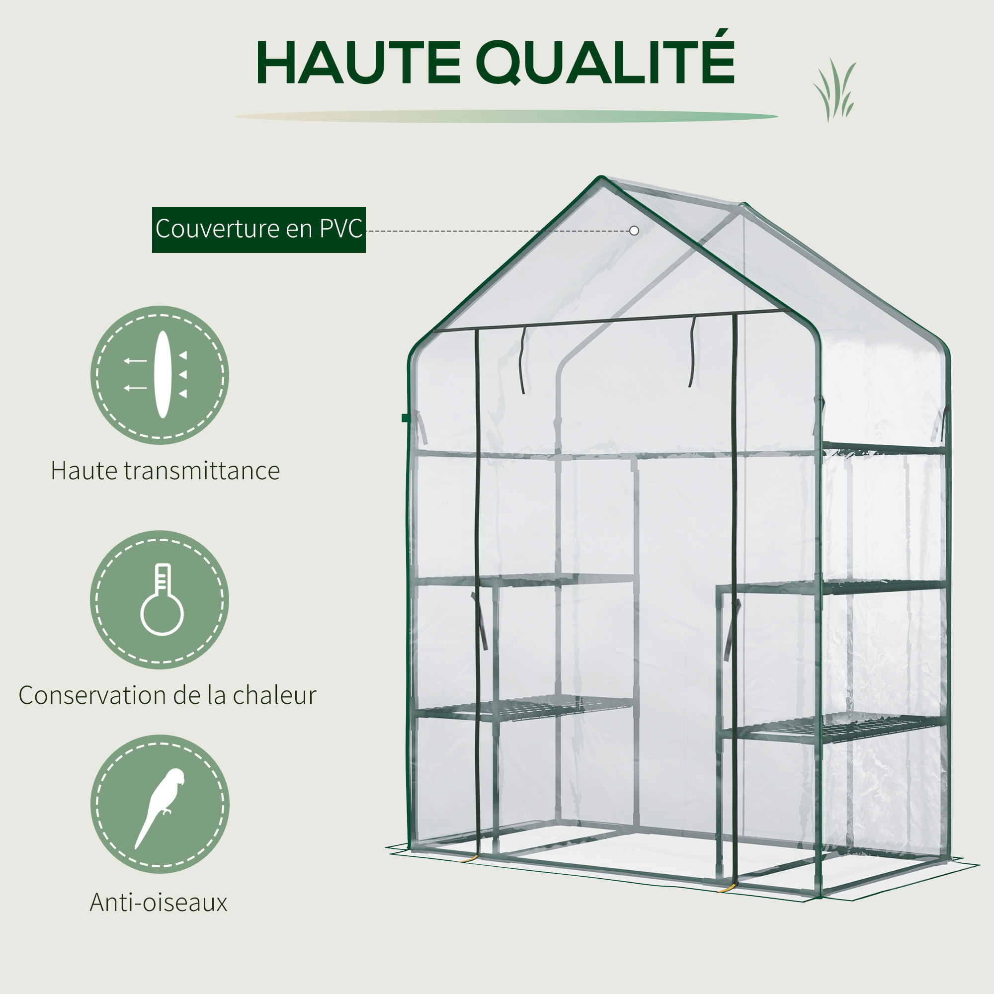 Serre de jardin 6 étagères - dim. 142L x 73l x 195H cm - porte - acier thermolaqué PVC haute densité anti-UV - transparent vert