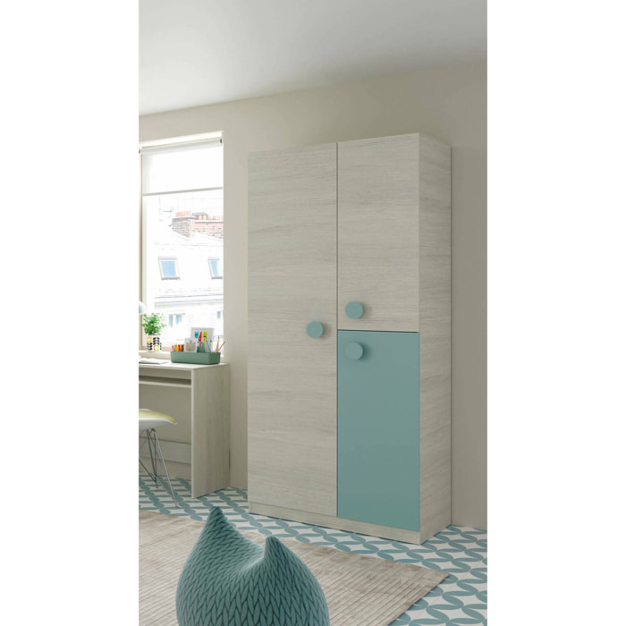 Guardaroba 3 ante Aronia, Armadio per cameretta, Mobile 3 ripiani con barra appendiabiti, 90x52h200 cm, Grigio e Verde acqua