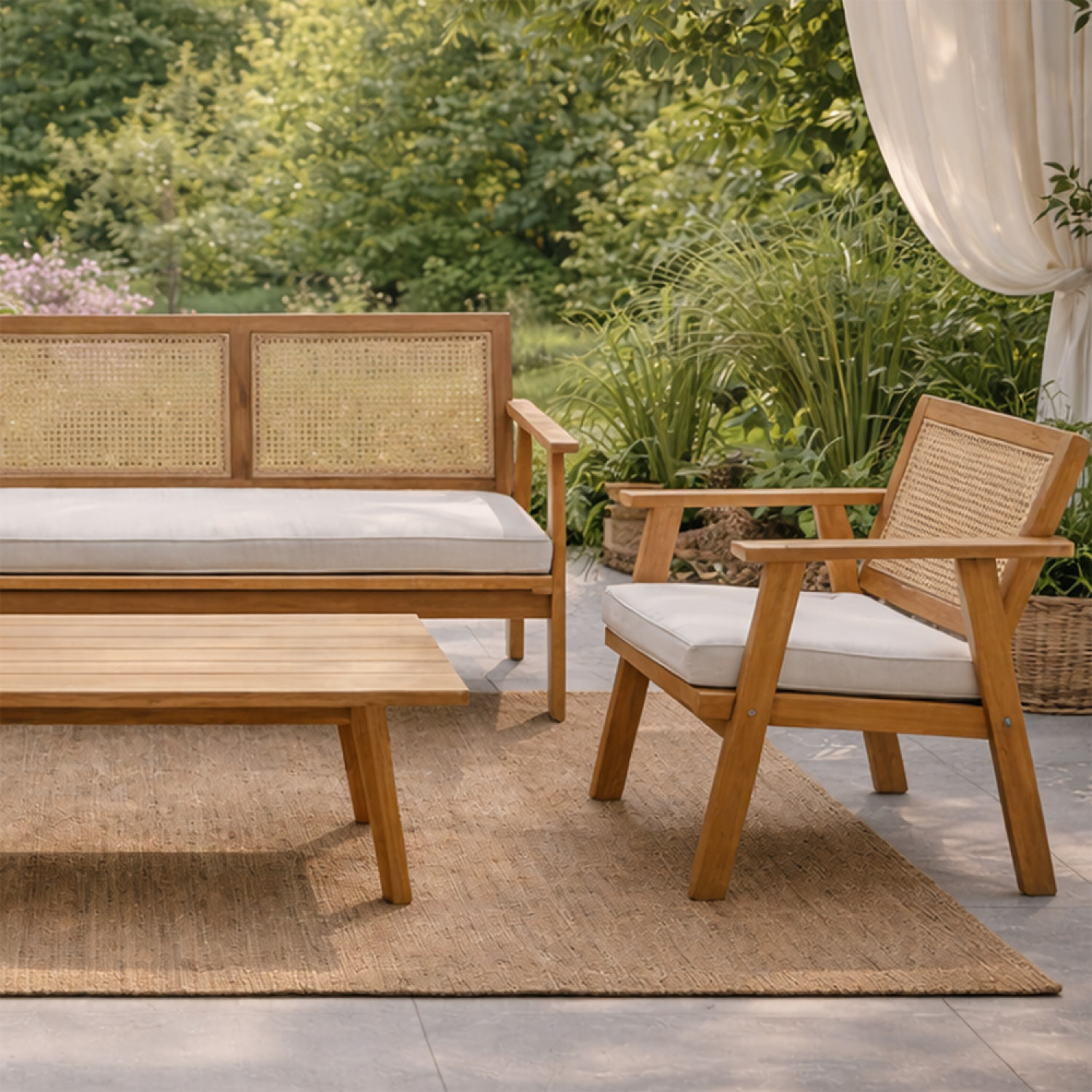 Salon de jardin 5 places en bois d’acacia et cannage HOA