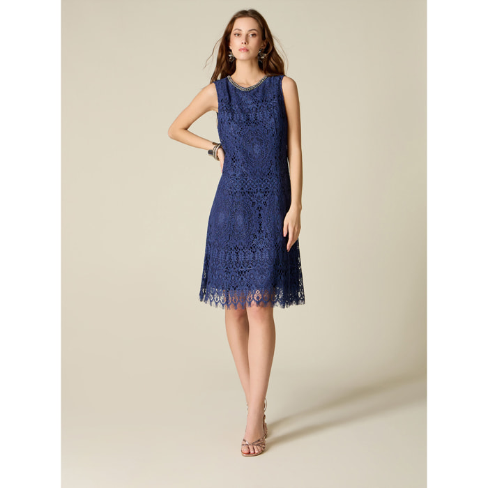 Oltre - Vestido de encaje con detalle joya - Azul
