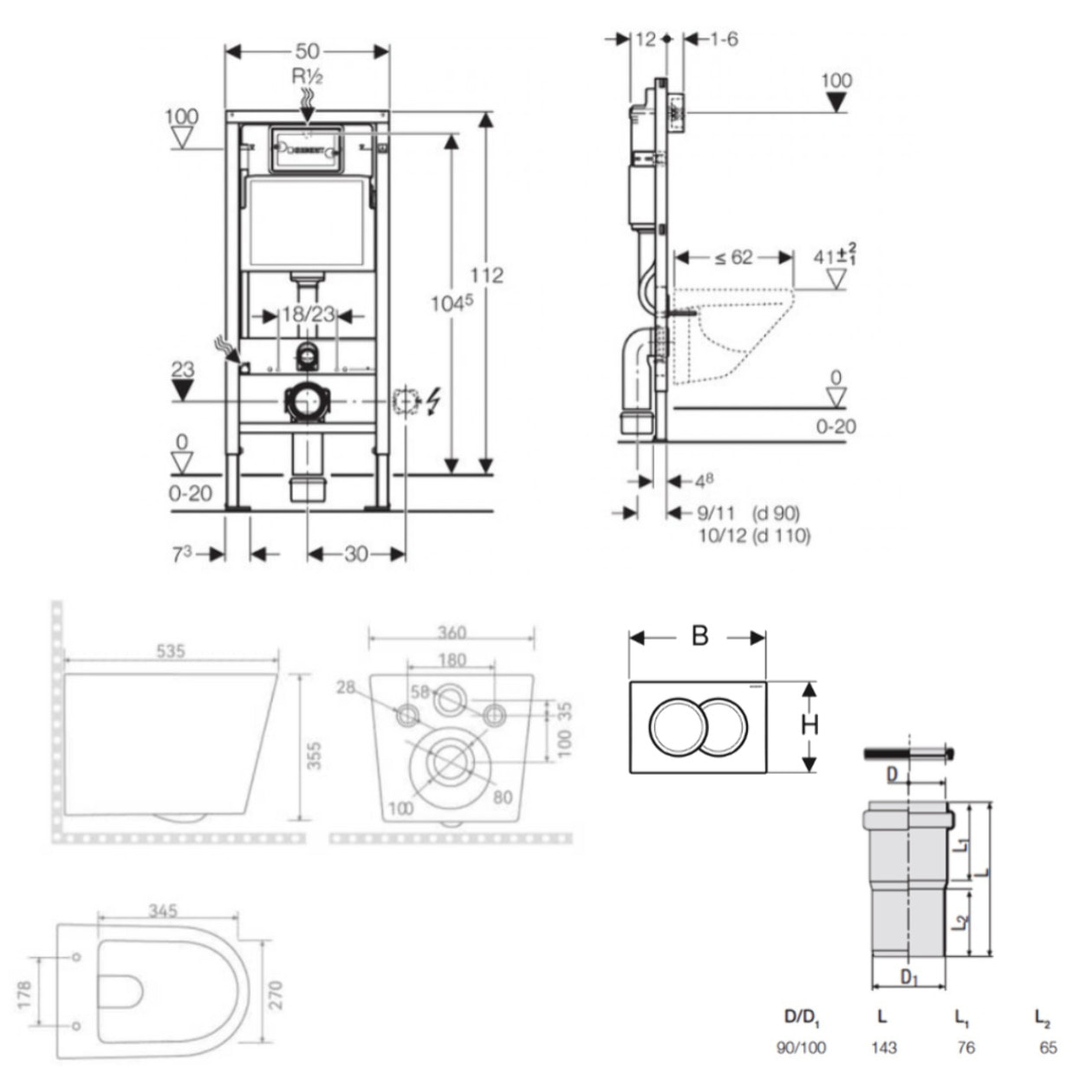 Pack WC bâti-support Duofix UP100 + WC suspendu Ceramia Tornado Rimless + abattant SoftClose + plaque blanche (CETORGEB1)
