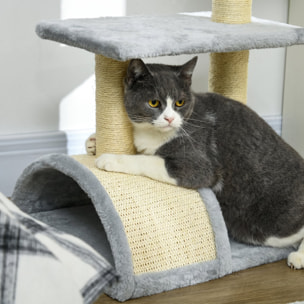 Arbre à chat griffoir grattoir design jeu boule suspendue 2 plateformes peluche sisal naturel gris clair
