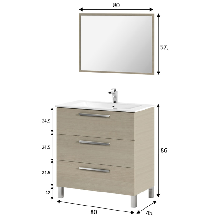 Mueble baño alise 3c 80cm color roble con espejo, sin lavabo