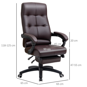 Vinsetto Silla de Oficina Ergonómica Silla de Escritorio Giratoria con Altura Ajustable Función de Inclinación Reposabrazos y Reposapiés Piel Sintética 65x65x118-125 cm Marrón