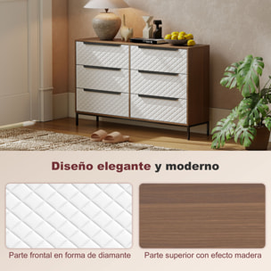 Cómoda con 6 Cajones de Tela, Cómoda para Dormitorio, Frentes con Patrón de Diamante, Cajonera para Salón, Oficina, Vestidor, Natural y Blanco