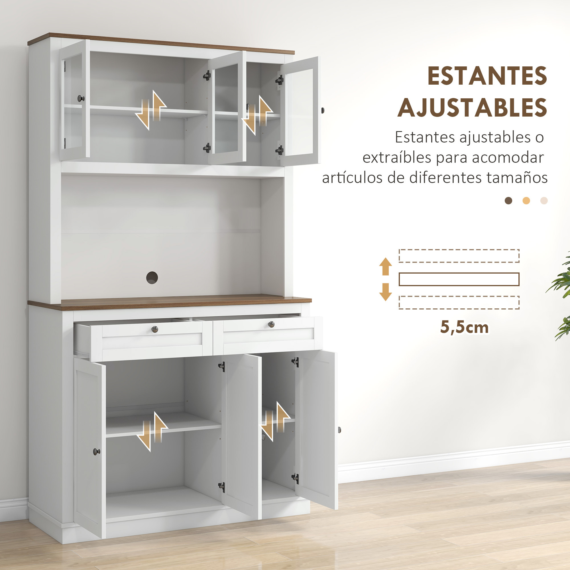 Alacena de Cocina Mueble Auxiliar de Cocina Armario de Cocina con 3 Puertas de Vidrio Compartimento Abierto 2 Cajones y Estantes Ajustables 100x40x180 cm Blanco