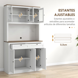 Alacena de Cocina Mueble Auxiliar de Cocina Armario de Cocina con 3 Puertas de Vidrio Compartimento Abierto 2 Cajones y Estantes Ajustables 100x40x180 cm Blanco
