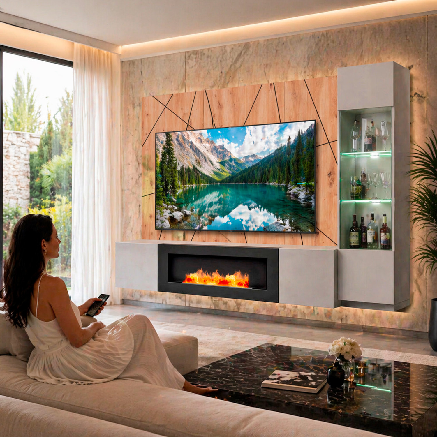Parete Attrezzata Moderna Per Tv Con Biocamino E Pannello Design Geometrico 2 Ante Ribalta  E 1 Vano A Giorno 200 x 40 x 158 Cm Grigio E Rovere