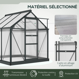 Serre de jardin aluminium polycarbonate 3,65 m² dim. 1,9L x 1,92l x 2,01H m lucarne, porte coulissante + fondation incluse alu. gris polycarbonate transparent