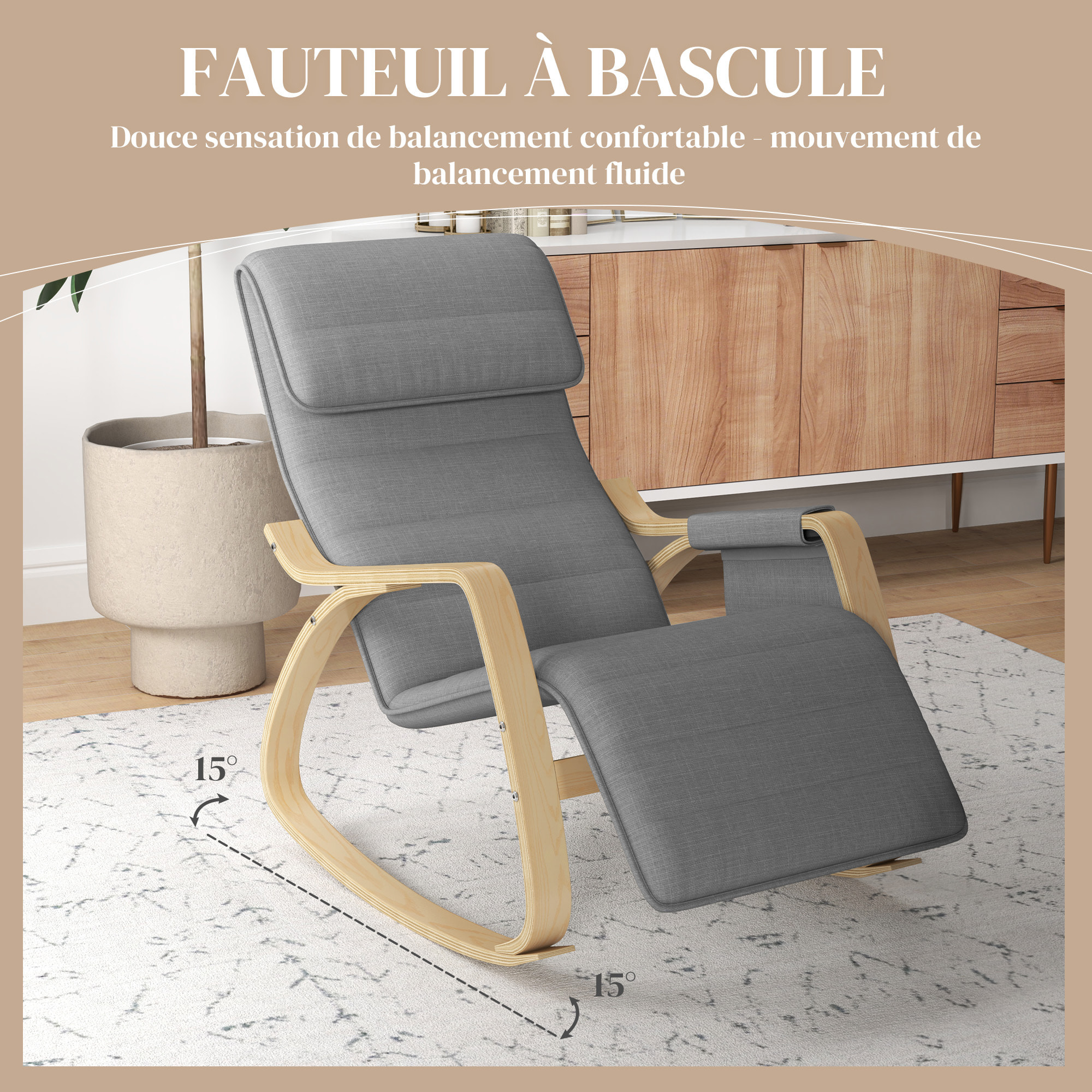 Fauteuil à bascule - fauteuil relax repose-pied réglable, poche rangement, tétière - bois tissu gris