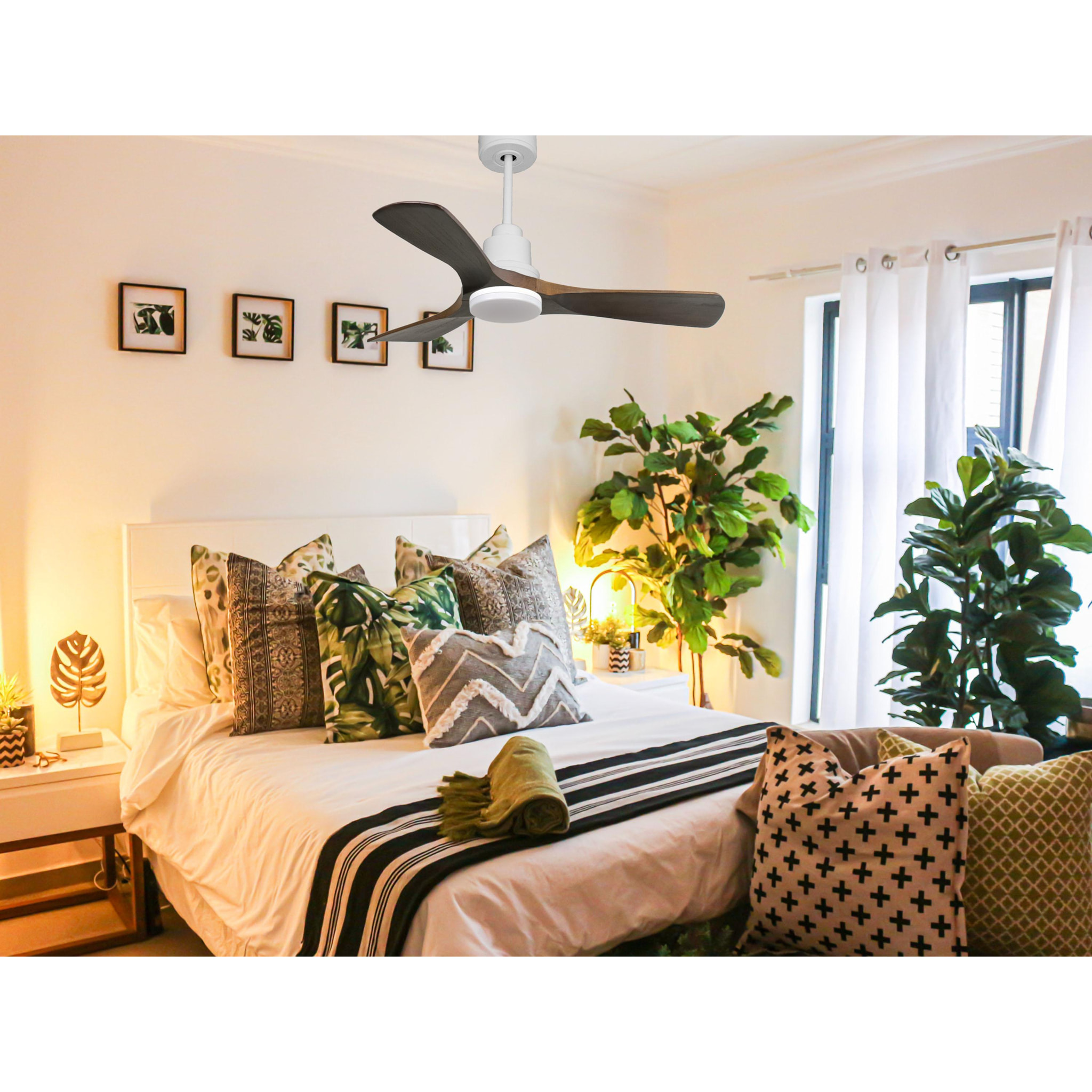 Ventilateur de plafond Réversible  Thermostat Dimmable Wifi Moteur à courant continu Toits en pente Télécommande Lumière à trois tons Hypersilence Mémoire