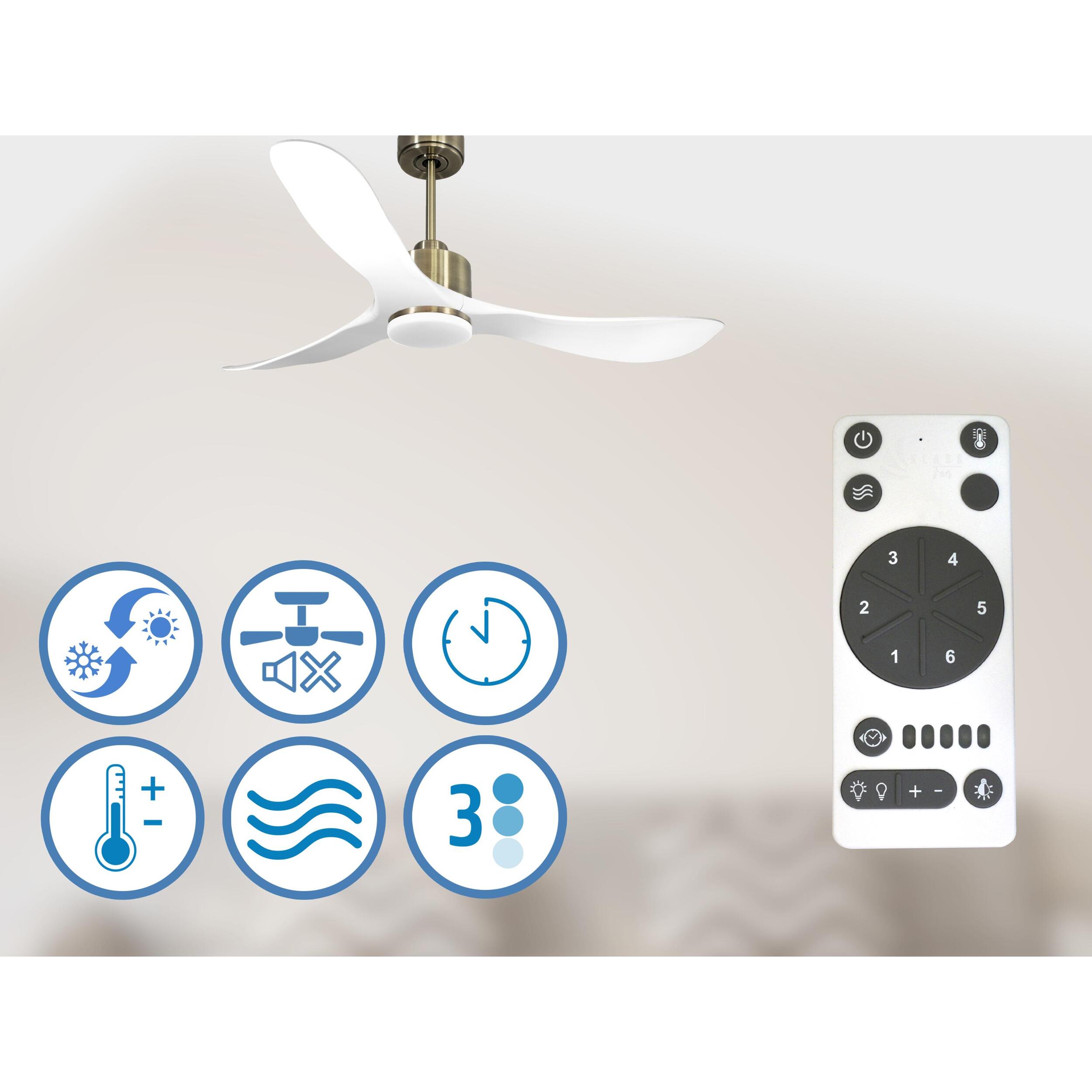 Ventilateur de plafond Réversible  Thermostat Dimmable Wifi Moteur à courant continu Toits en pente Télécommande Lumière à trois tons Hypersilence Mémoire