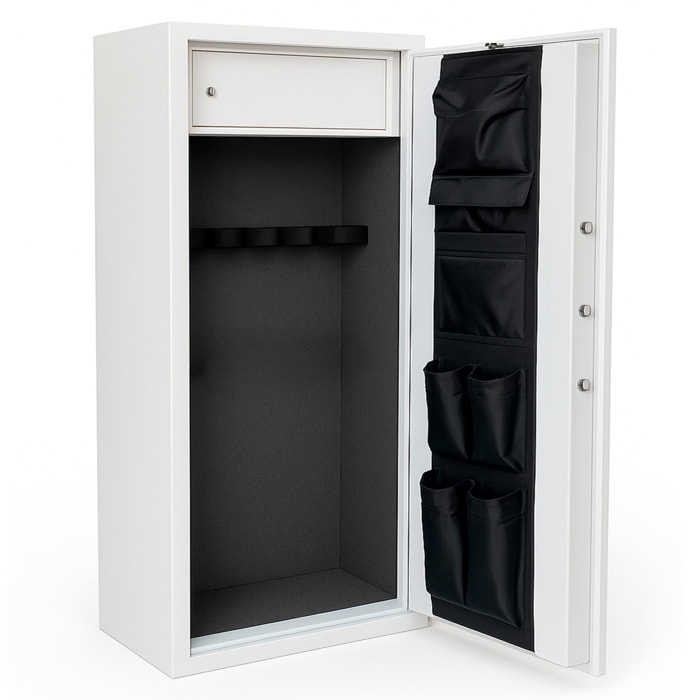 Armadio Portafucili Armi Blindato Fuciliera Acciaio Serratura Digitale Chiave Tesoretto Tasca Porta Oggetti Bianco Frassinato 148x53.5x32 Cm 10 Posti