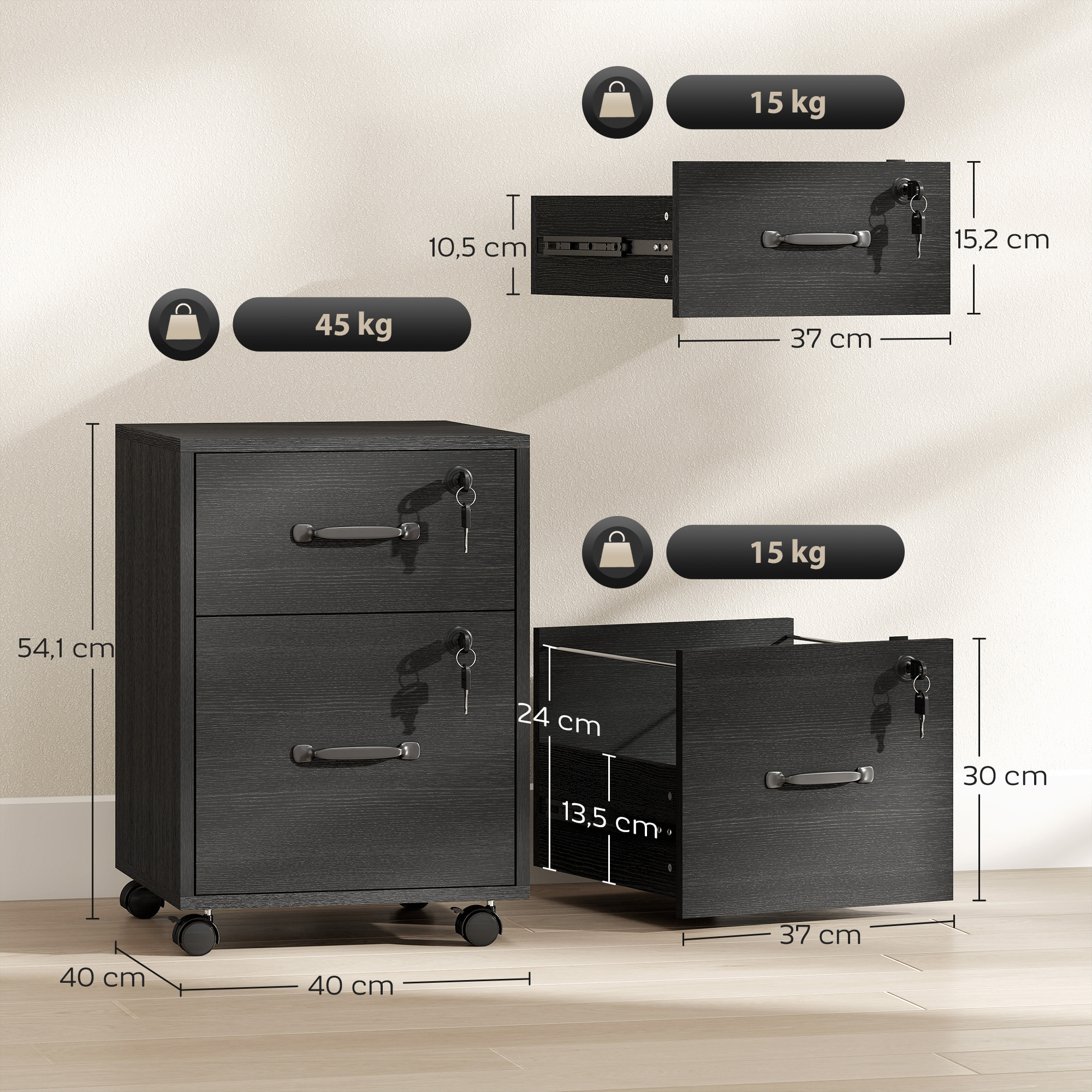 Caisson bureau verrouillable mobile 2 tiroirs coulissants trieur dossiers effet bois noir