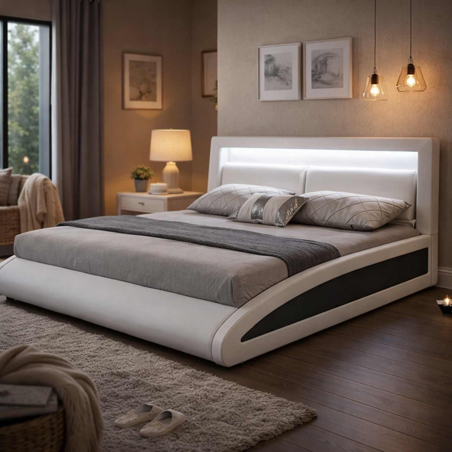 Cadre de lit avec LED 140 x 190 cm en PU blanc TITA