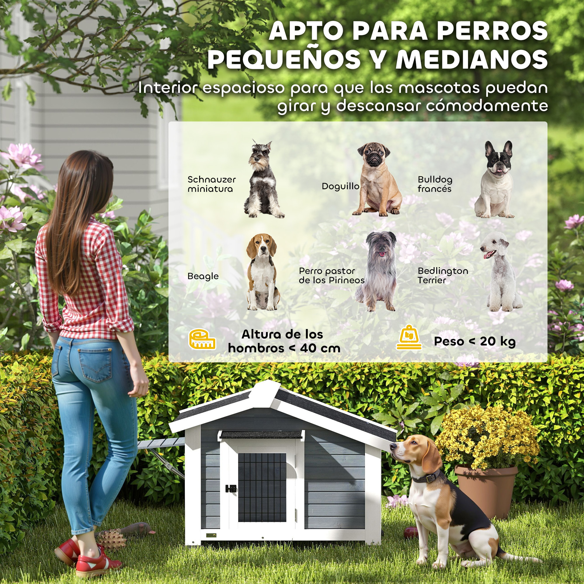 Caseta para Perros Exterior de Madera, Casa para Perros Medianos con Techo Asfático, Suelo Extraíble, Ventana Abatible y Puerta Ventilada, Base Elevada, 98x76x69,5 cm, Gris